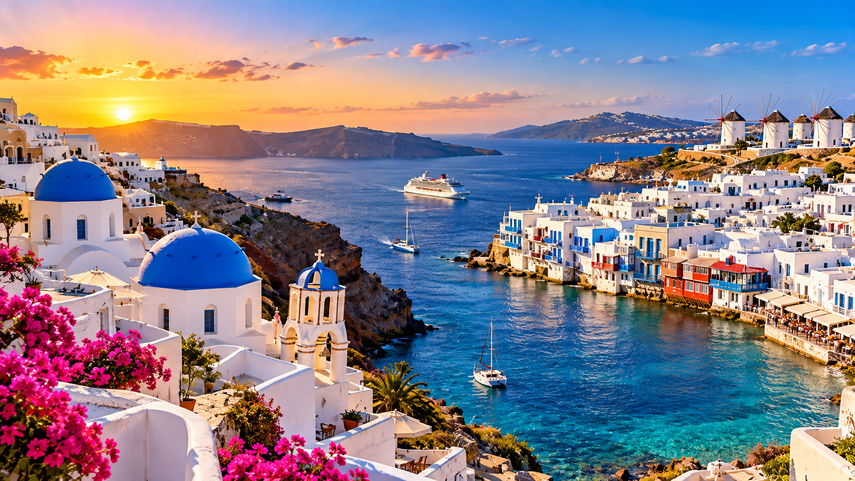 Santorini for the Light. Mykonos for the Night.